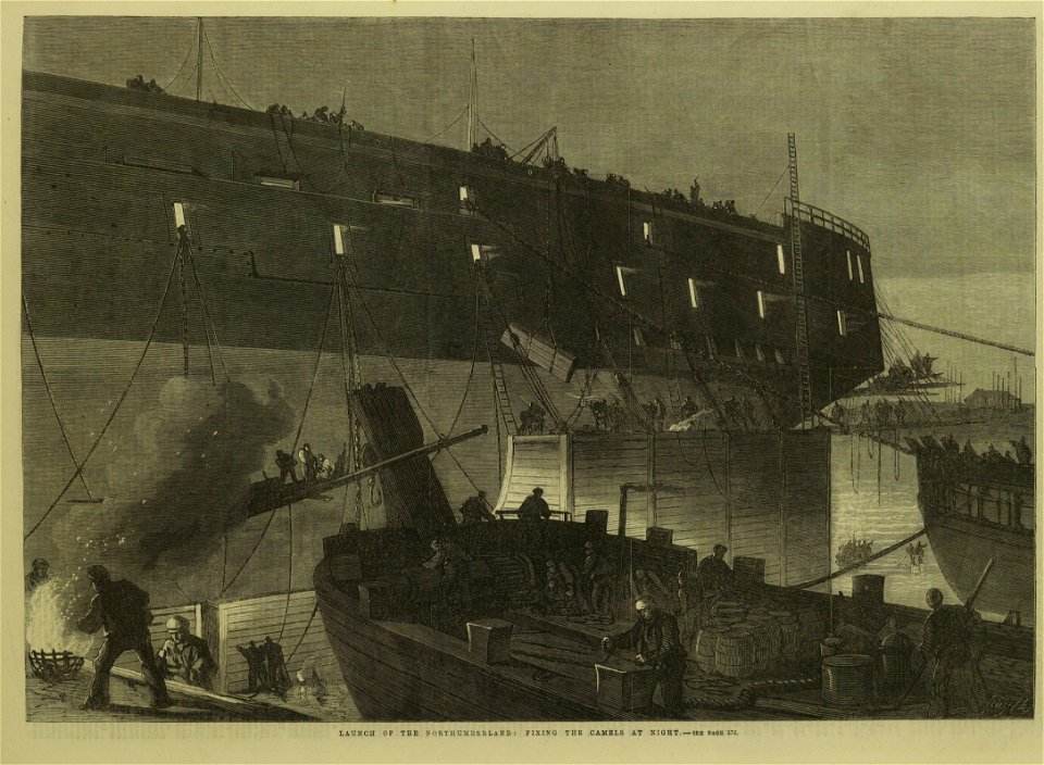 Launch of the Northumberland, fixing the Camels at Night - ILN 1866