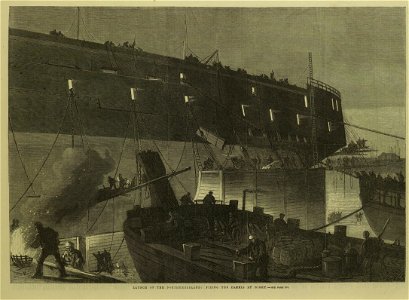 Launch of the Northumberland, fixing the Camels at Night - ILN 1866. Free illustration for personal and commercial use.