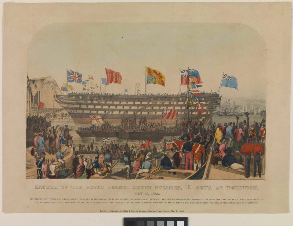 Launch of HMS Royal Albert screw steamer, 131 guns, at Woolwich, May 13, 1854. Portside view RMG PW8131