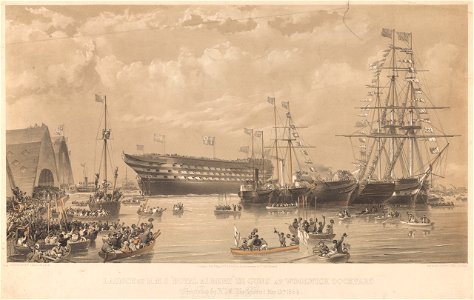 Launch of H.M.S. Royal Albert 131 Guns at Woolwich Dockyard Christened by H.M. The Queen 13th May 1854 RMG PY0960