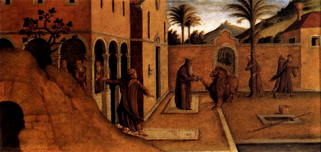 Lazzaro Bastiani - St Jerome Bringing the Lion to the Convent - WGA1488. Free illustration for personal and commercial use.