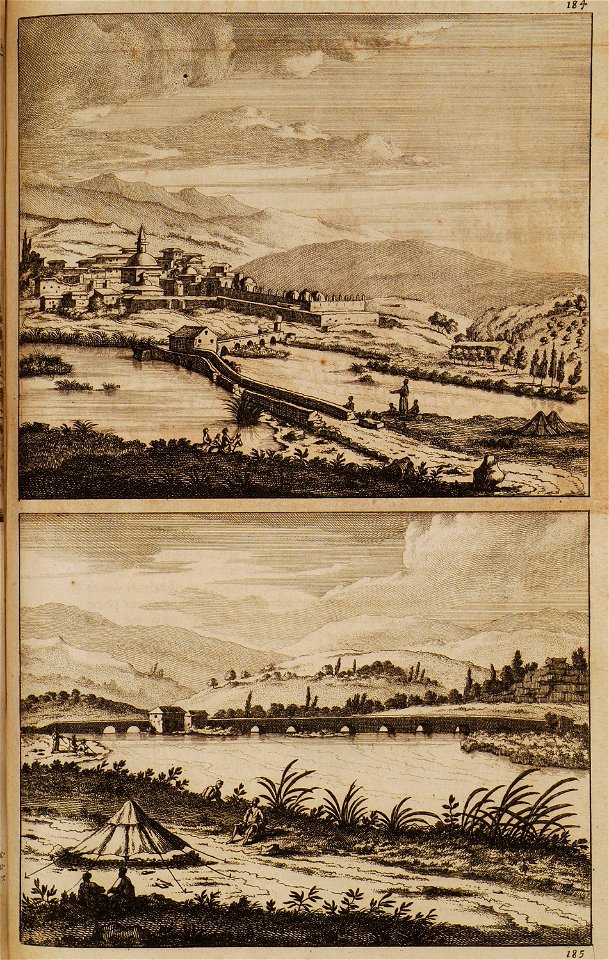 Le bourg de Isser-Sjoor, c'est à dire la Fontaine Sjour Vue de la riviere Orontes le long du pont avec ses arches - Bruyn Cornelis De - 1714