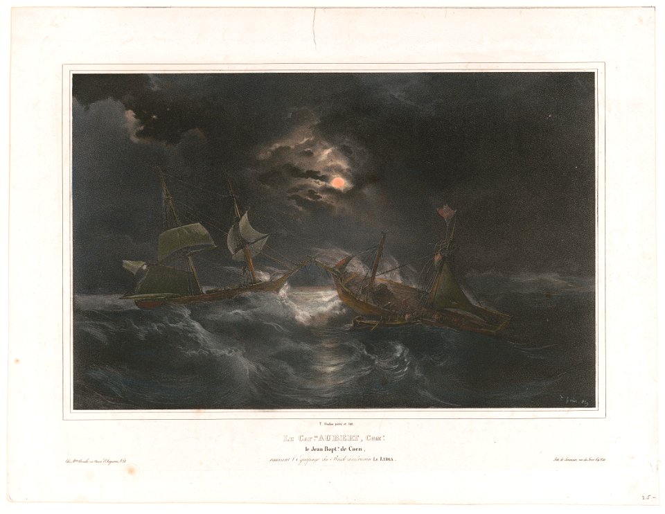 Le Capne. Aubert, Comt. le Jean Baptte de Caen, sauvant l'equipage de Brick Americain le Lydia - T. Gudin pinxt. et lith. ; lith. de Lemercier. LCCN95504743