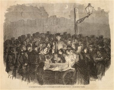 Le marchand de bonbons et pavés rafraîchissants à la vanille de la place Maubert, 1855. Free illustration for personal and commercial use.