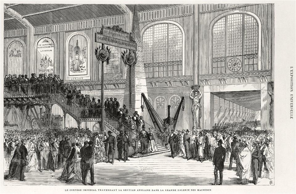 Le cortège impérial traversant la section anglaise dans la Grande galerie des machines