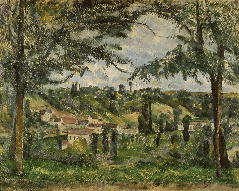 Le Hameau des Pâtis à Pontoise, encadré par des arbres, par Paul Cézanne, FWN 172