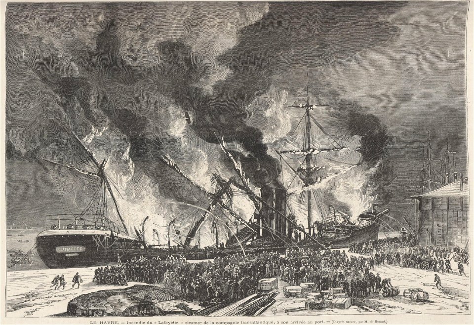 Le Havre - Incendie du «Lafayette» steamer de la compagnier transatlantique, à son arrivée au port