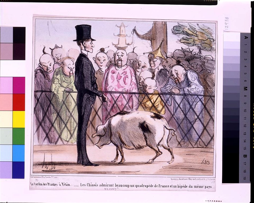 Le Jardin des Plantes à Pékin-Les Chinois admirant beaucoup un quadrupéd de France et un bipède du même pays ... - H.D. ; lith. Destouches. LCCN96507710