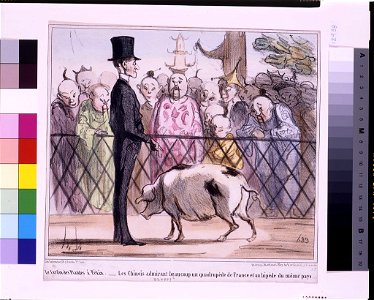 Le Jardin des Plantes à Pékin-Les Chinois admirant beaucoup un quadrupéd de France et un bipède du même pays ... - H.D. ; lith. Destouches. LCCN96507710