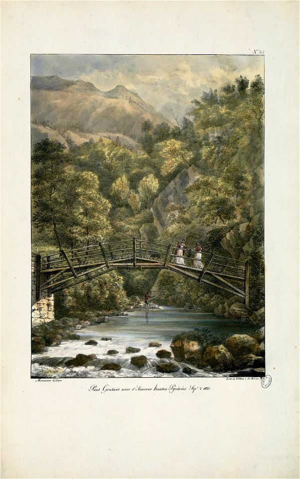 Le pont Gontaut près de Saint-Sauveur, Hautes-Pyrénées. 2 septembre 1821 Pont Gontaut near St. Sauveur, Hautes Pyrénées. September 2 1821 (n°35) - Fonds Ancely - B315556101 A COLSTON 012