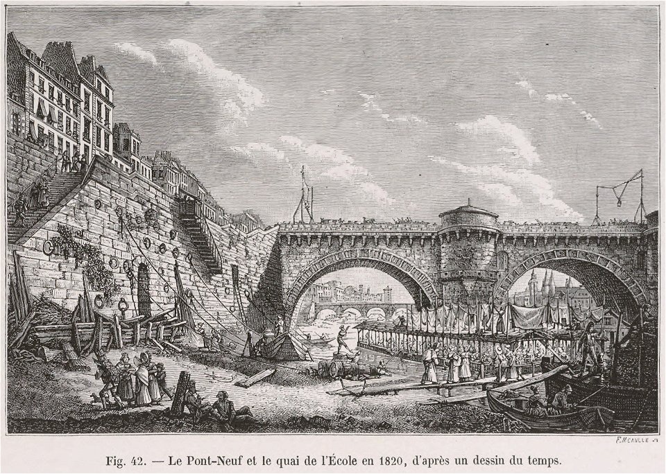 Le Pont-Neuf et le quai de l'École en 1820, d'après un dessin du temps