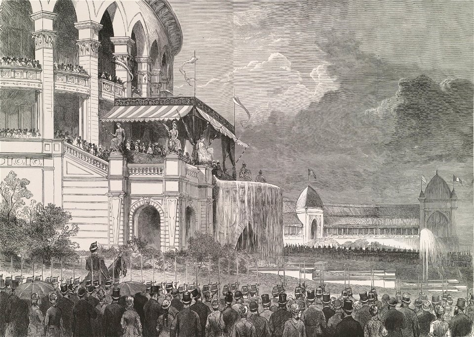 Le maréchal-président de la république proclamant, du haut de la terrasse du Trocadéro, l'ouverture de l'exposition universelle