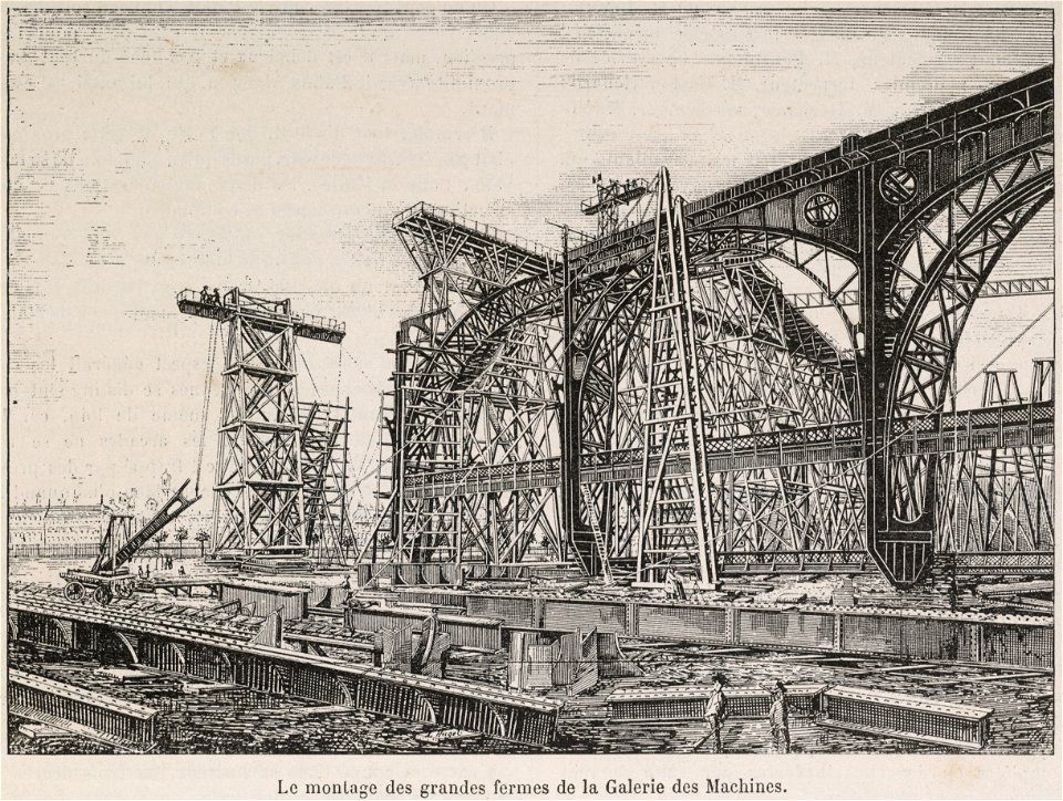 Le montage des fermes de la Galerie des machines