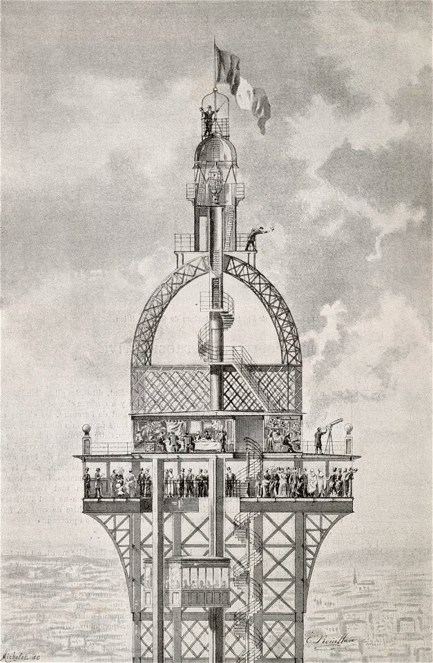 Le sommet de la Tour Eiffel. Coupe dessinéee par M. Rouillard. Free illustration for personal and commercial use.