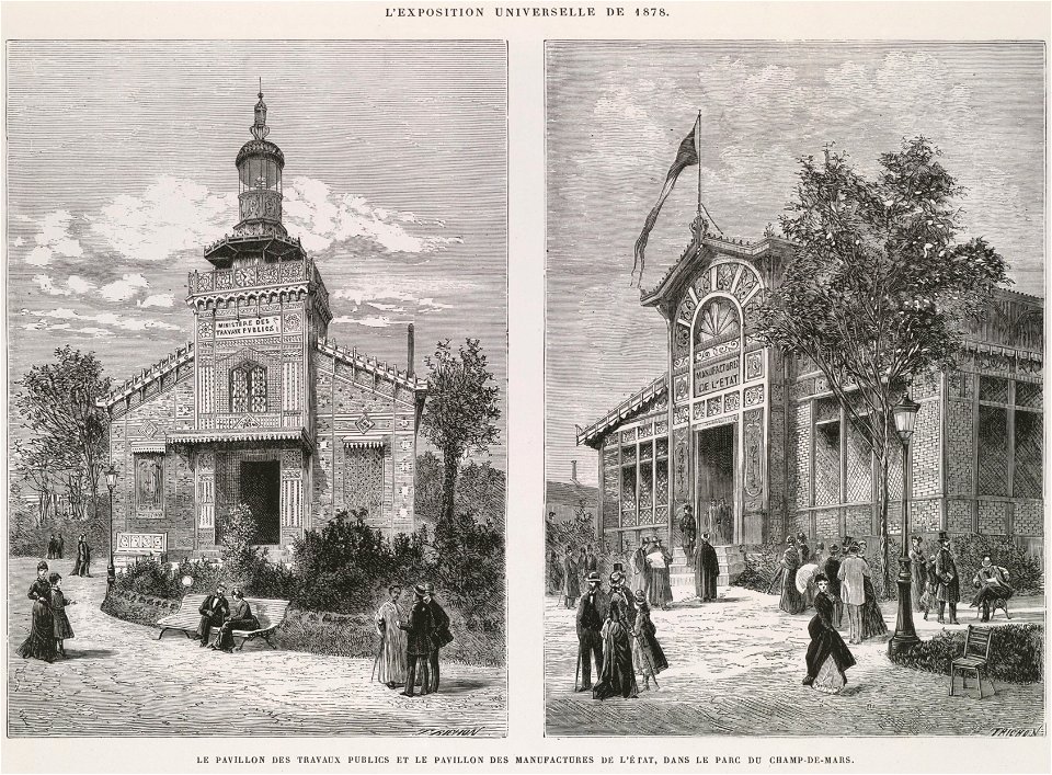 Le pavillon des travaux publics et le pavillon des manufactures de l'état, dans le parc du Champ-de-Mars