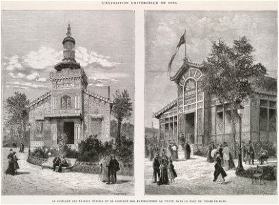 Le pavillon des travaux publics et le pavillon des manufactures de l'état, dans le parc du Champ-de-Mars