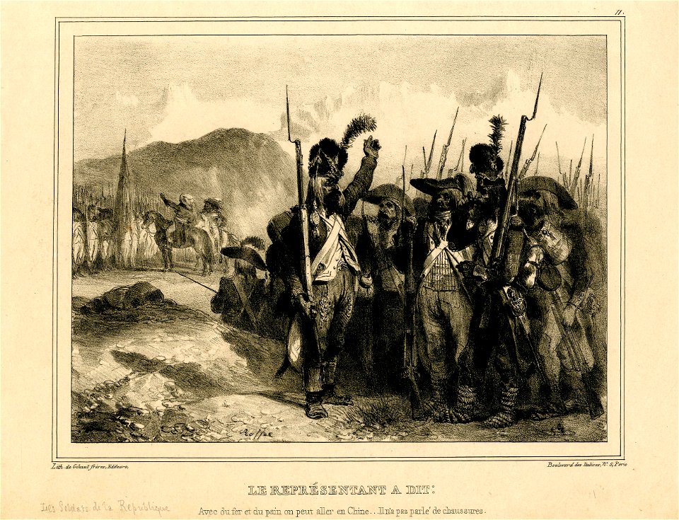 Le représentant a dit- avec du fer et du pain on peut aller en Chine... il n'a pas parlé de chaussures (BM 1861,1012.728)
