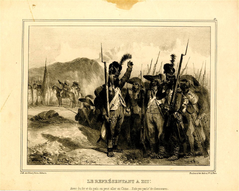 Le représentant a dit- avec du fer et du pain on peut aller en Chine... il n'a pas parlé de chaussures (BM 1863,0725.440)