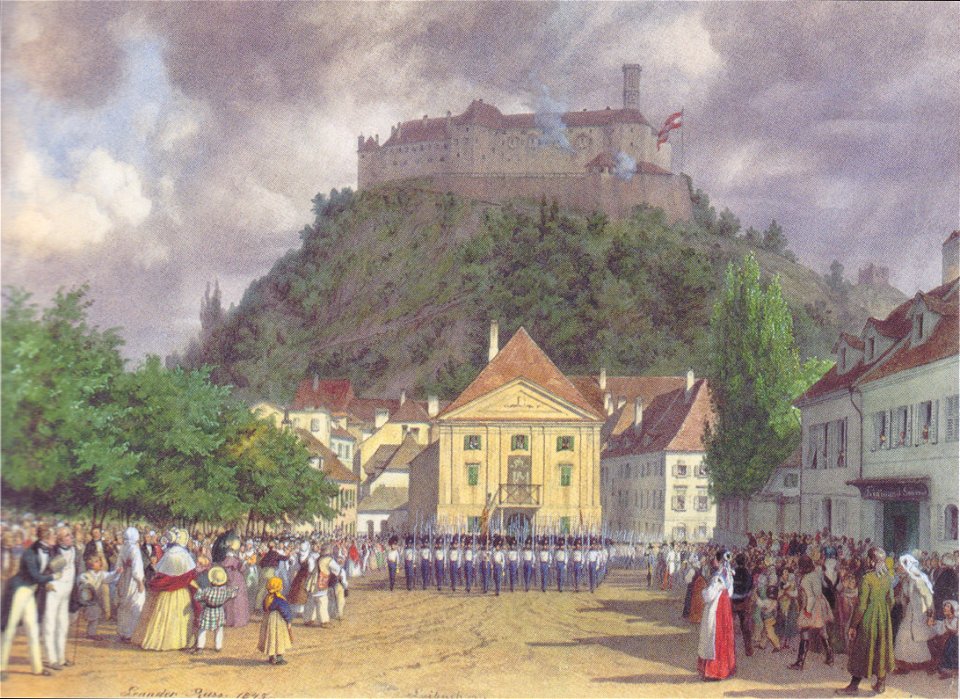 Leander Russ - Parade zur Begrüßung des Kaisers in Laibach - 1845