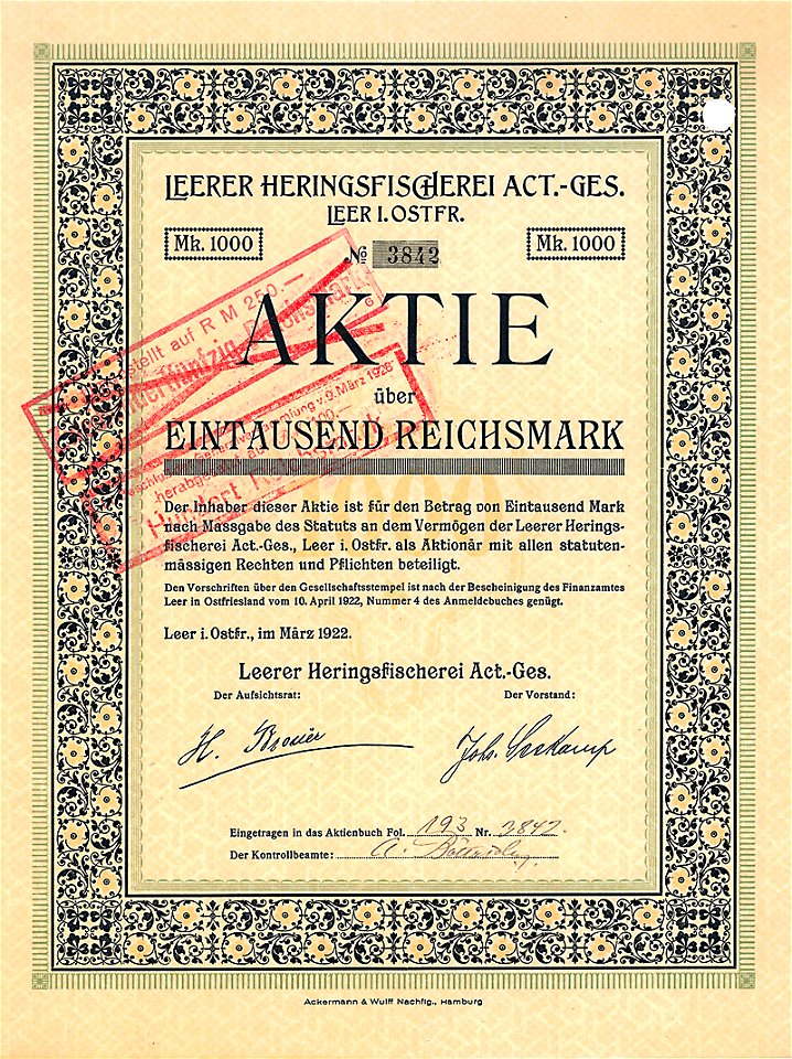 Leerer Heringsfischerei AG 1000 Mk 1922