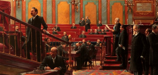Lectura de un proyecto de Ley en el Salón de Sesiones, de Asterio Mañanós (Congreso de los Diputados de España)