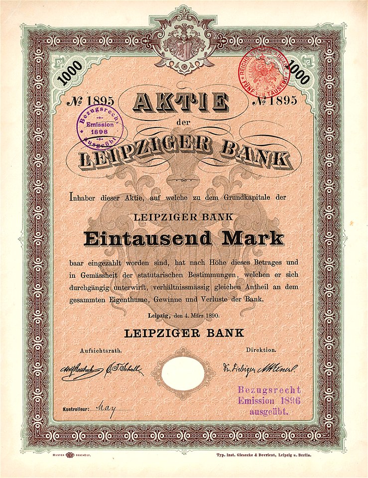 Leipziger Bank 1000 Mk 1890