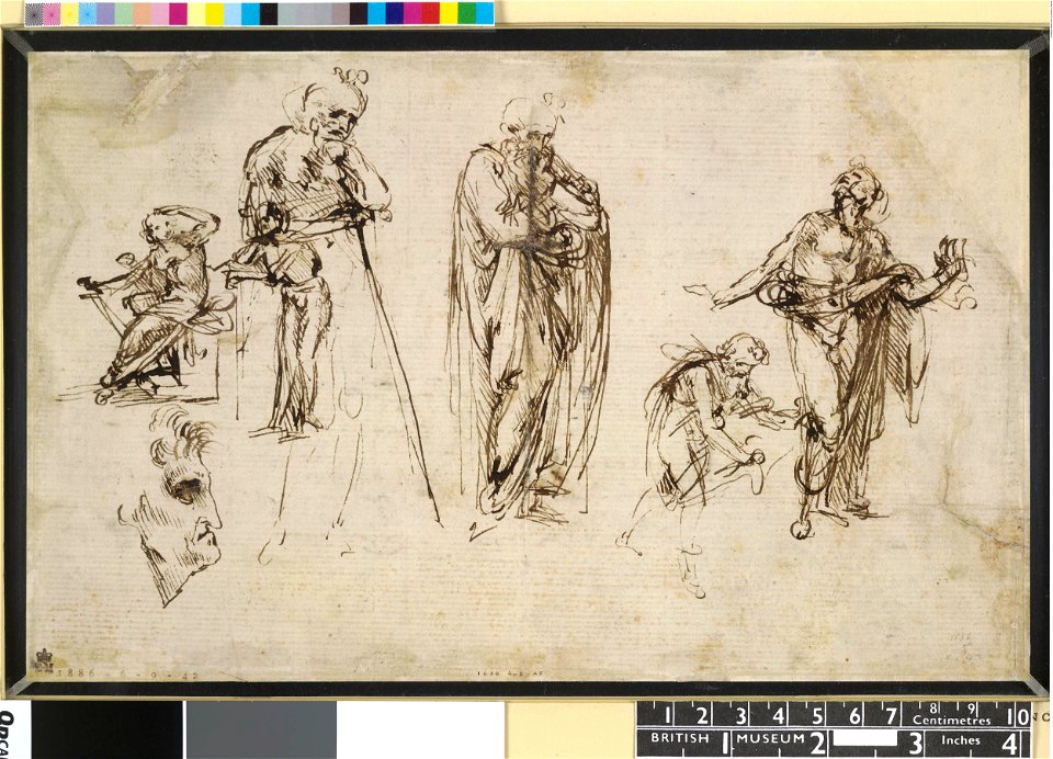 Leonardo da Vinci - 1886,0609.42, Studies of six figures including an old man leaning on a stick, and a head in profile