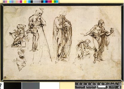 Leonardo da Vinci - 1886,0609.42, Studies of six figures including an old man leaning on a stick, and a head in profile