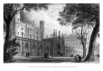 LeKeux - Cambridge, c1840 - St John's 01, New Court from the Gardens - memorialsofcambr01wriguoft 0166