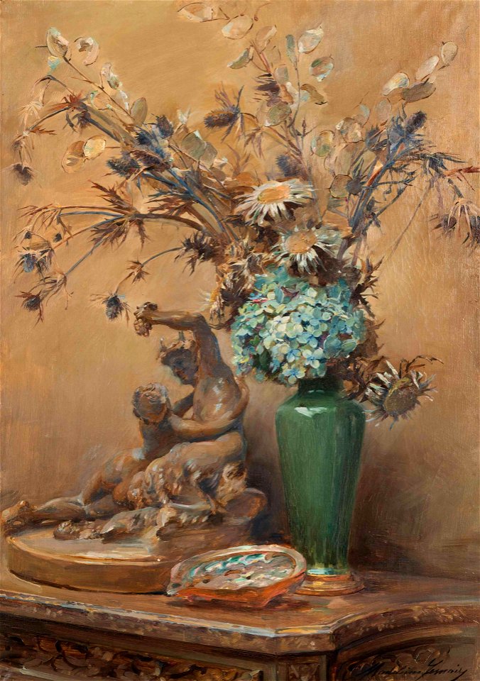 Pan with Dried Flowers by Madeleine Jeanne Lemaire, oil on canvas, 36 x 25 inches