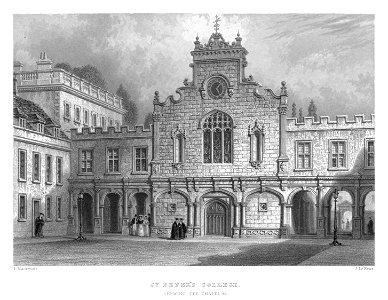 LeKeux - Cambridge, c1840 - Peterhouse 01, Old Court showing the Chapel - memorialsofcambr01wriguoft 0358
