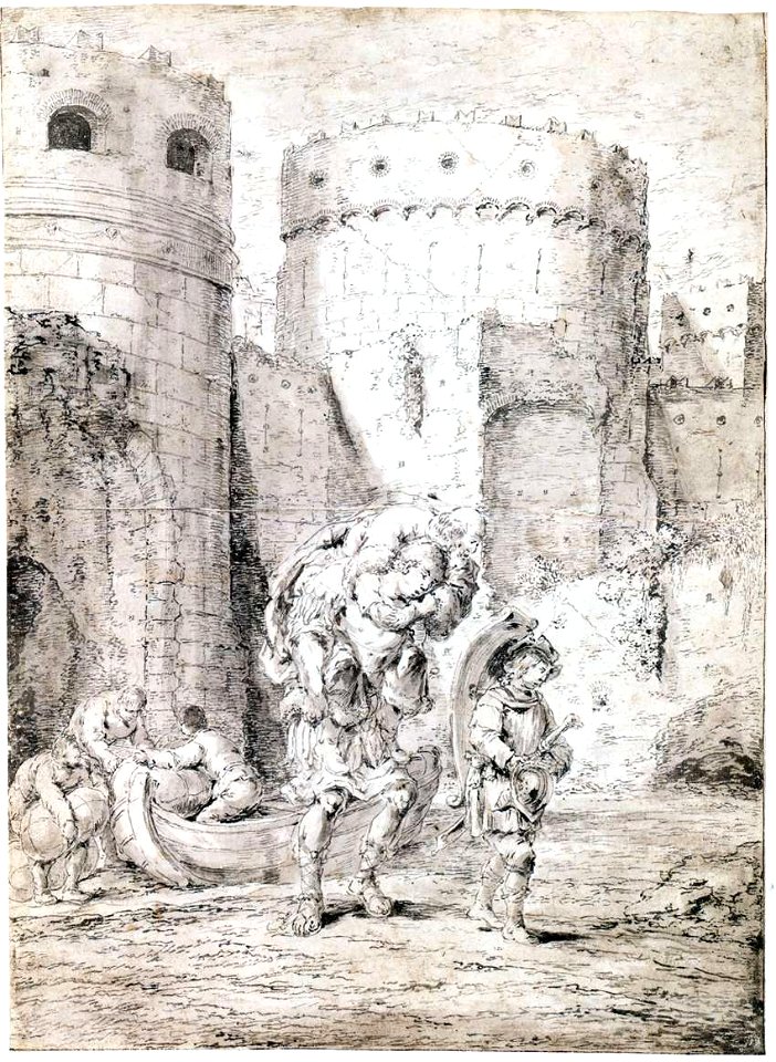 Leonaert Bramer - Anchias Fleeing Troy with His Father and Son - WGA03097