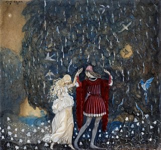 Lena och riddaren dansa (Lena dances with the knight) by John Bauer 1915. Free illustration for personal and commercial use.