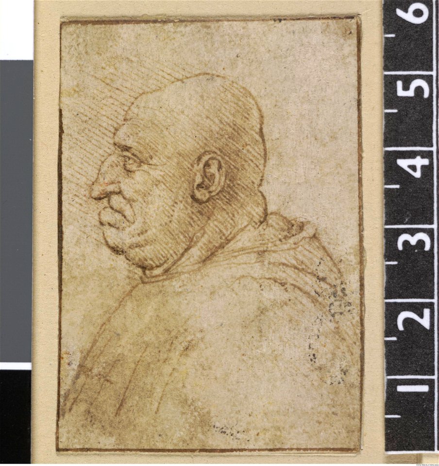 Leonardo da Vinci - Pp,1.38, A caricature of a bald-headed old man; head and shoulders in profile to left, with a hooked nose and protruding lower lip