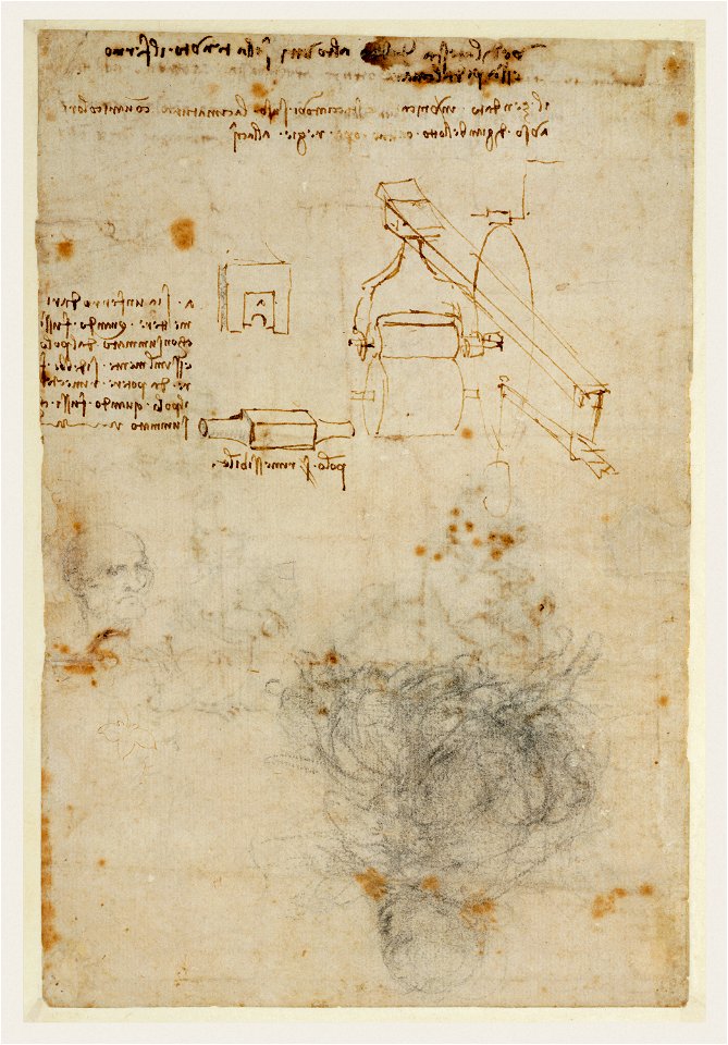 Leonardo da Vinci - Head of an Old Man, and Studies of Machinery (verso), 86.GG.725, about 1503–1506