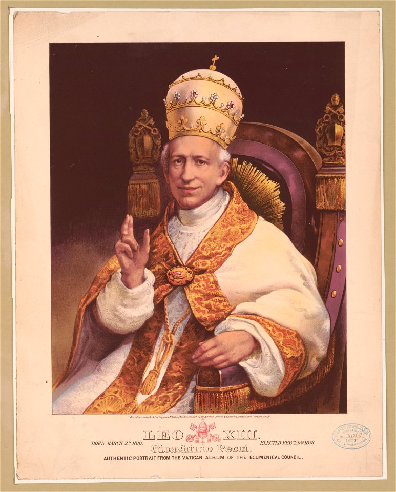 Leo XIII. Born March 2d 1810. Elected Febr. 20th 1878. Gioachimo (sic) Pecci. Authentic portrait from the Vatican album of the Ecumenical Council. LCCN2009633801