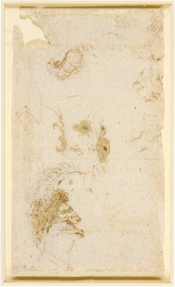 Leonardo da Vinci - RCIN 912329, v, A design for a helmet, the head of a youth, and a fallen horse c.1517-18