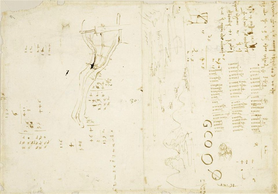 Leonardo da Vinci - RCIN 912352, Recto A mould for casting the leg of a horse, word lists, a landscape, and other studies