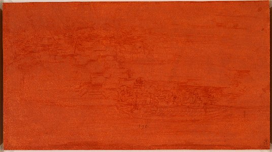 Leonardo da Vinci - RCIN 912415, A quarry beside a river with a boat and men chiselling stone c.1510-11
