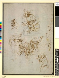 Leonardo da Vinci - 1860,0616.98, Two studies of the Virgin and Child with a cat and three studies of the Child with a cat. Free illustration for personal and commercial use.