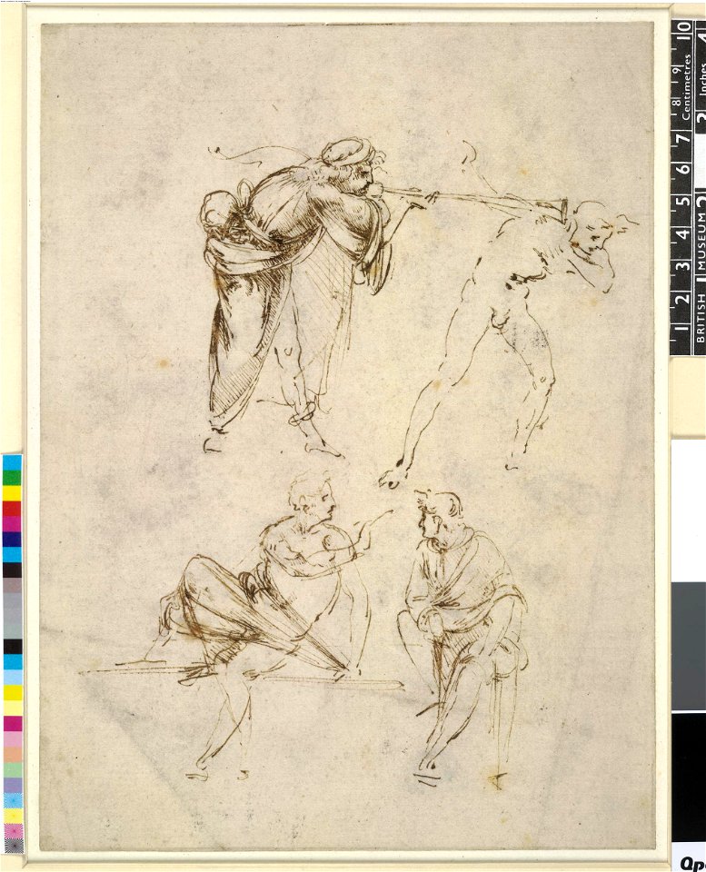 Leonardo da Vinci - 1895,0915.478, A man blowing a trumpet into the ear of a nude man, and two seated men