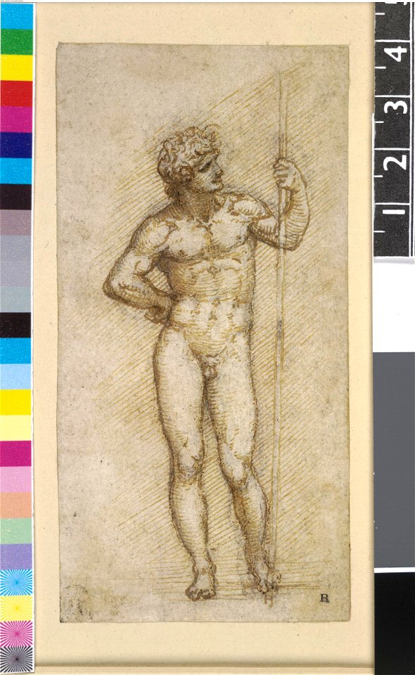 Leonardo da Vinci - 1860,0616.97, A nude man; standing with right hand on hip, holding a staff with his left hand, looking to right