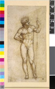 Leonardo da Vinci - 1860,0616.97, A nude man; standing with right hand on hip, holding a staff with his left hand, looking to right
