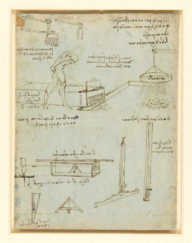 Leonardo da Vinci - RCIN 912668, Diagrams of a machine and tools for mixing mortar, with notes c.1485-8
