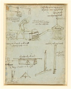 Leonardo da Vinci - RCIN 912668, Diagrams of a machine and tools for mixing mortar, with notes c.1485-8