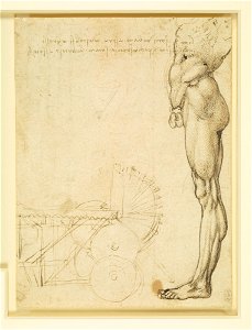 Leonardo da Vinci - RCIN 912632, Recto The torso and leg of a nude man in profile, and a study of machinery