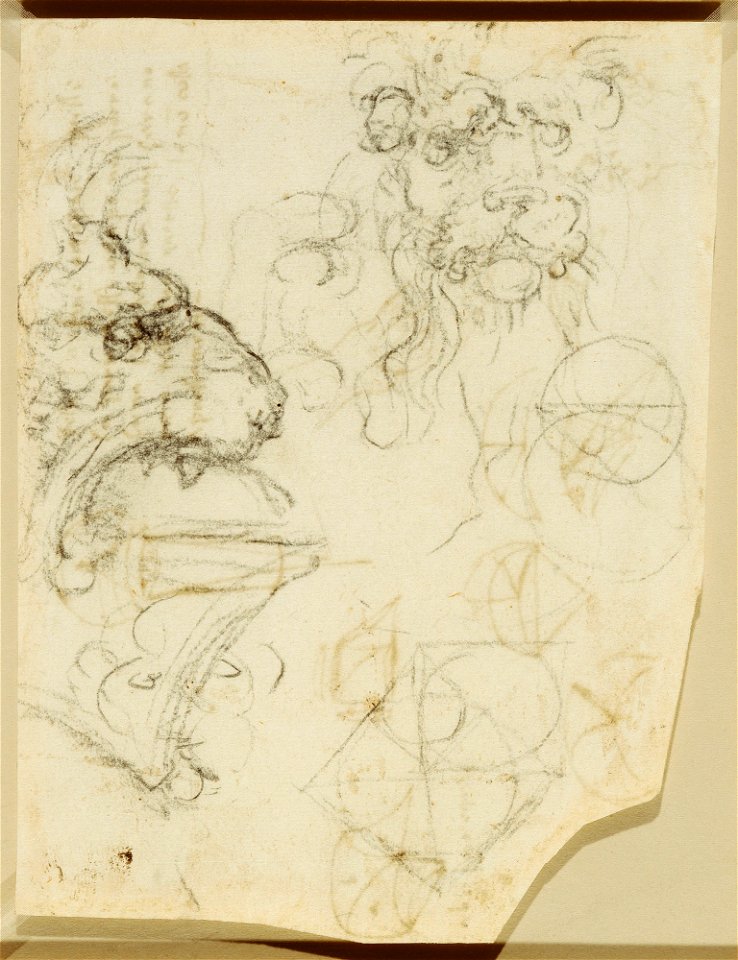Leonardo da Vinci - RCIN 912586, Recto A lion's head, a helmet surmounted by a lion's head, and geometrical studies