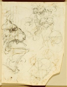 Leonardo da Vinci - RCIN 912586, Recto A lion's head, a helmet surmounted by a lion's head, and geometrical studies