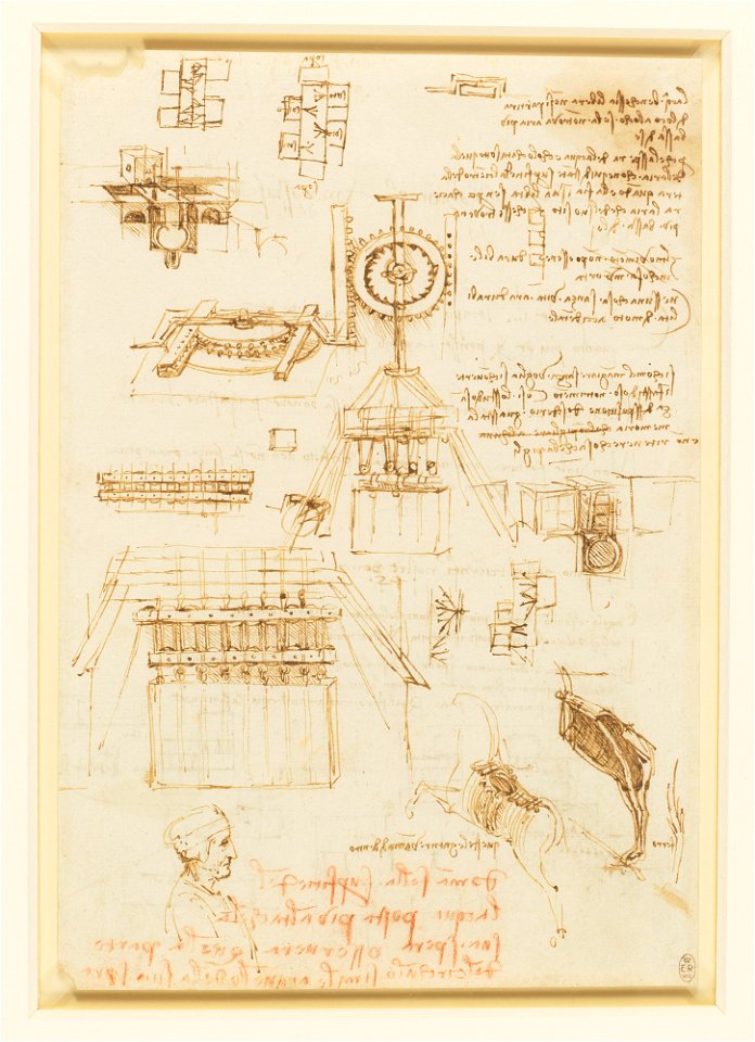 Leonardo da Vinci - RCIN 912349, Recto Studies for casting apparatus, and miscellaneous notes