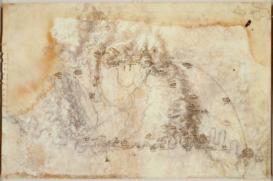 Leonardo da Vinci - RCIN 912685, Recto A scheme for a canal to bypass the Arno